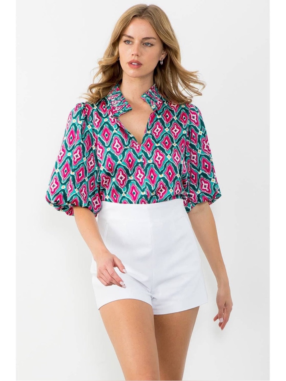 THML Teal and Hot Pink Printed Ruffle-Neck Puff Sleeve Blouse - Picture 3 of 16